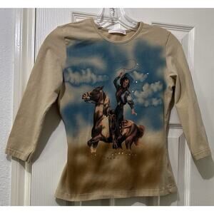“A Small Gift Is..” Italy Cowgirl Horse Rhinestone 3/4 Sleeve T-shirt Size M Y2K